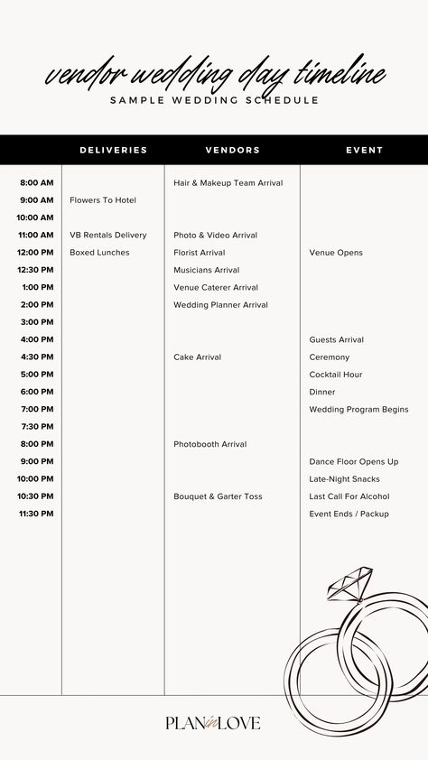 vendor wedding day timeline | wedding day template  | wedding day moments | wedding planning tools  | wedding planning | wedding journey | wedding | plan in love Wedding Vendor Timeline, Wedding Day Timeline For Bridal Party, Wedding Vendors List, How To Be A Wedding Coordinator, Wedding Vendor Tip Guide, Day Of Wedding Coordinator Duties, Waffley Wedded, Wedding Coordinator Duties, Wedding Binders