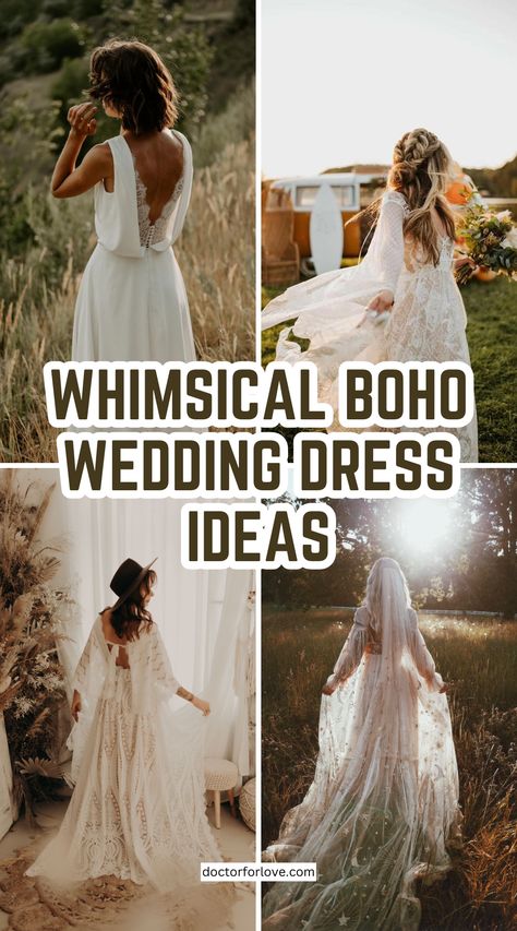 The best boho unconventional wedding dress styles for a whimsical and unforgettable wedding day. Boho wedding dress with sleeves; Wedding dress vintage bohemian; rustic wedding gown Wedding Dress For Forest Wedding, Whimsical Wedding Dress Fairies Boho, Non Traditional Wedding Dress Boho, Hippie Wedding Dress Bohemian Sleeveless, Fairy Woods Mystical Forest Wedding, Unique Bridal Looks, Hobo Wedding, Boho Romantic Star And Moon Wedding Dress, Farm Wedding Dress