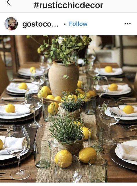 Tablescape Themes, Lemon Table Decor, Lemon Centerpieces, Italian Lunch, Italian Dinner Party, Italian Party, Italian Theme, Lunch Table, Tafel Decor