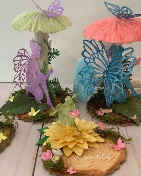 Joann Nehme on Instagram: “Crepe paper mushrooms 🍄 paper  fairies 🧚‍♀️ . . . . . #crepepapermushrooms #paperfairies #paperart #papercrafting #papercrafts  #handmade…” Enchanted Party, Enchanted Forest Party, Fairy Theme Party, Fairy Baby Showers, Forest Party, Fairy Decor, Fairy Birthday, Fairy Parties, Art Dolls Handmade