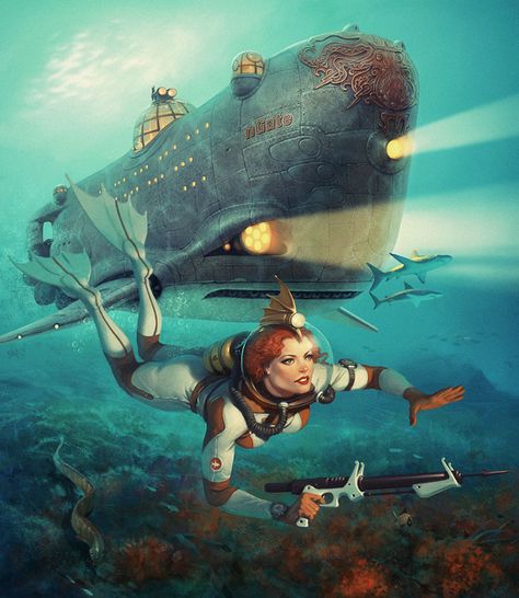 The Art Of Animation, Waldemar von Kozak   -  http://waldemarkazak.com... Sea Artwork, Art Cyberpunk, 70s Sci Fi Art, Science Fiction Illustration, Diesel Punk, Underwater Art, Sci Fi Comics, Leagues Under The Sea, Life Aquatic