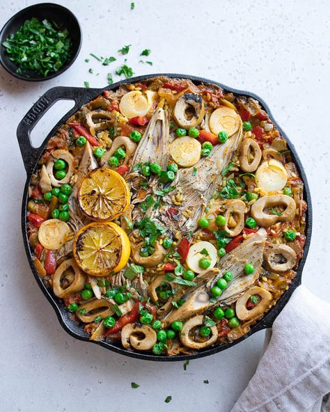 Spanish Seafood Paella, Vegan Seafood, British Fish And Chips, Vegan Crab, Mushroom Tacos, Carrot Flowers, Seafood Paella, Hearts Of Palm, Vegan Fish