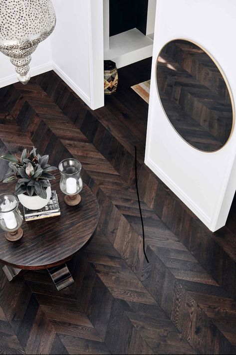 Living Room Wooden Floor, Wooden Floor Design, Dark Timber Floors, Floor Design Ideas, Wood Floor Design, Engineered Timber Flooring, Herringbone Floor, Dark Wood Floors, Parquetry