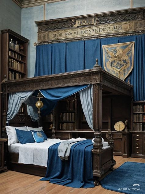 Raven Law Common Room, Ravenclaw Dorm Room, Hogwarts Dorm Room, Ravenclaw Room, Hogwarts Dorm, Hogwarts Interior, Dark Blue Rooms, Blue Dorm, Hogwarts Dr