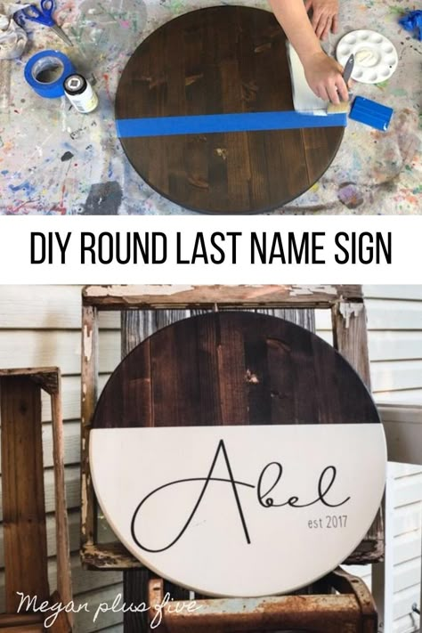 Round Wooden Wedding Signs, Round Signs Wood Diy Last Name, Wood Door Hangers Last Name, Round House Signs, Best Paint For Wood Signs, Diy Wooden Signs With Vinyl, How To Make Wooden Signs With Cricut, Round Wood Family Signs, Diy Cricut Door Signs