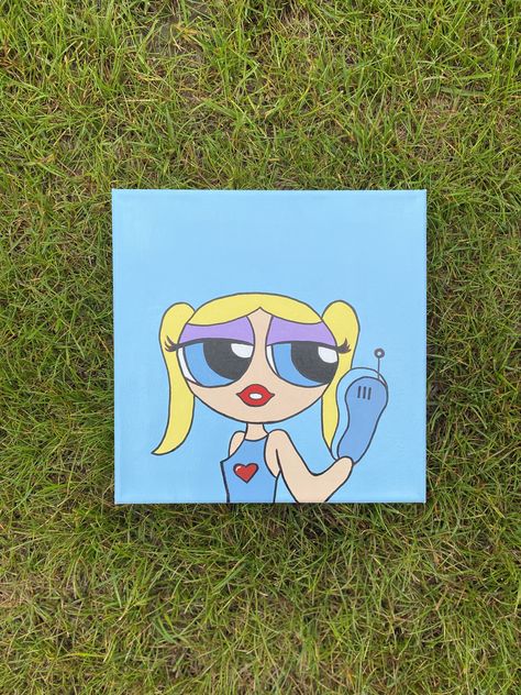 Bubbles Powerpuff Canvas Painting, Bubbles Powerpuff Painting, Powerpuff Painting, Sisters Painting, Bubbles Powerpuff, Power Puff Girls Bubbles, Character Board, Painting Aesthetic, Simple Canvas Paintings