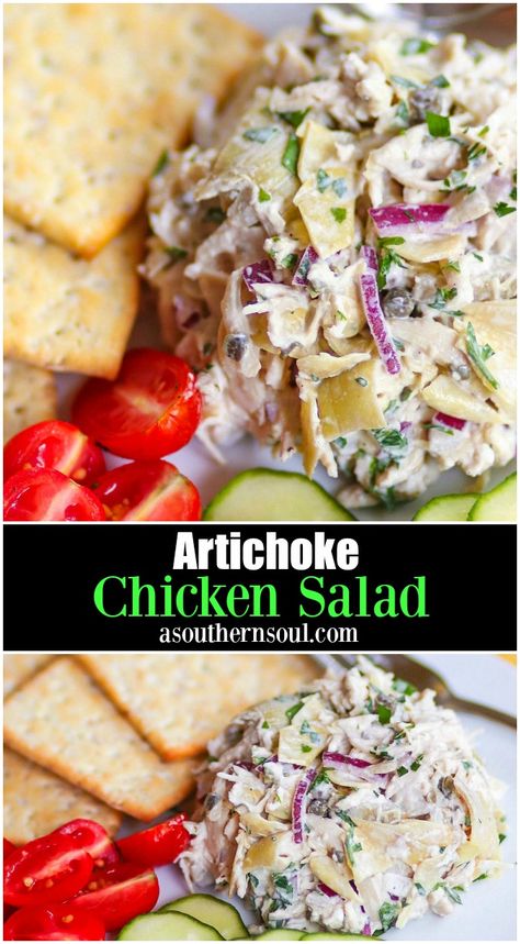 Artichoke Chicken Salad is a fresh twist on a classic recipe. This salad is so versatile and is easy to throw together for lunch, when company comes over or for parties! Loaded with tender chicken, artichokes, capers and red onions, then all tossed in a light, bright dressing, this salad is sure to become a new favorite for anyone who loves chicken salad. #chickensalad #artichokeheartssalad #instantpotchicken #easyrecipe Artichoke Chicken Salad, Supper Salads, Entree Salads, Avocado Chicken Salad Recipe, A Southern Soul, Artichoke Salad, Meat Salad, Artichoke Chicken, Artichoke Recipes