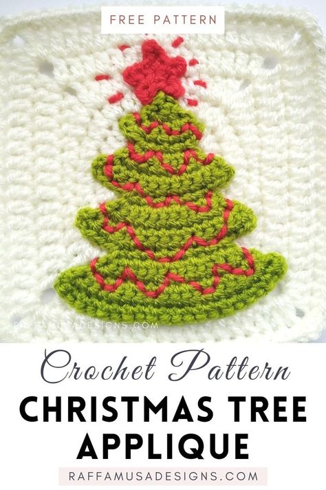 a crochet Christmas tree applique used to embellish a blanket square Crismas Tree, Crochet Christmas Trees, Crochet Christmas Decorations, Crochet Leaves, Christmas Blankets, Holiday Crochet, Christmas Crochet Patterns, Crochet Square Patterns, Granny Squares Pattern