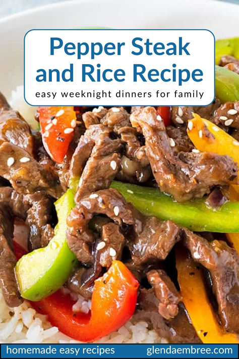 Pepper Steak and Rice in a white stoneware bowl. Steak With Rice Recipes, Beef And Peppers Recipe, Strip Steak Dinner Ideas, Steak Strips Dinner Ideas, Recipes For Beef Roast, Steak Strips Recipe, Steak And Rice Recipes, Minute Steak Recipes, Pepper Steak Recipe Easy