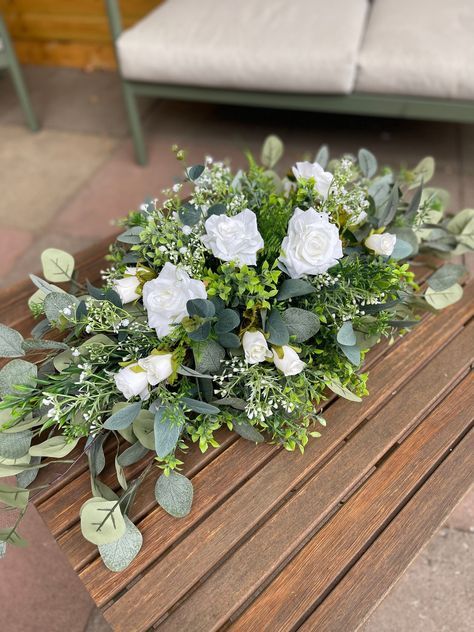 Artificial Wedding Flowers Centerpieces, White And Green Top Table Flowers, White Table Flowers Wedding, Wedding Flowers Top Table, Top Table Flower Arrangements, Alter Flower Arrangements Wedding, Artificial Flowers Bouquet, Artificial Flower Arrangements For Table, Table Flowers Arrangements