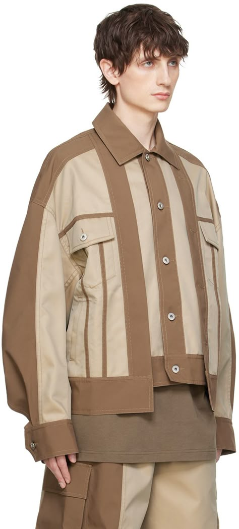 Polyester taffeta and cotton-blend twill jacket. · Paneled and layered construction · Spread collar · Button closure · Flap and welt pockets · Asymmetric hem · Adjustable single-button barrel cuffs · Twin pleats at back yoke · Adjustable button tabs at back hem · Leather logo patch at back hem · Unlined · Logo-engraved silver-tone hardware Supplier color: Brown Feng Chen Wang, Space Fashion, Structured Jacket, Brown Tshirt, Twill Jacket, Futuristic Fashion, Color Harmony, Men Street, Pocket Jacket