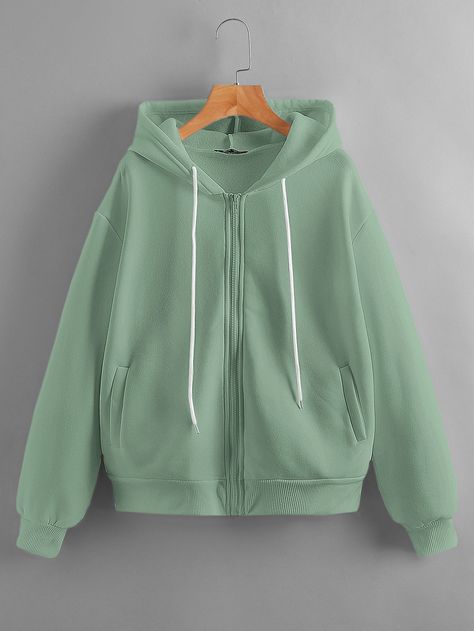 Drop Shoulder Zipper Placket Thermal Drawstring Hoodie Zipper Placket, Dream Fashion, Stylish Hoodies, Women Sweatshirts, Drawstring Hoodie, Pale Green, Amazing Products, Drop Shoulder, Mint Green