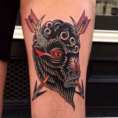 Traditional Buffalo Tattoo, Bison Tattoo, Buffalo Tattoo, Ink Magic, Trad Tattoos, Vintage Flower Tattoo, Vintage Tattoos, Tattoo Foot, Tattoo Apprenticeship