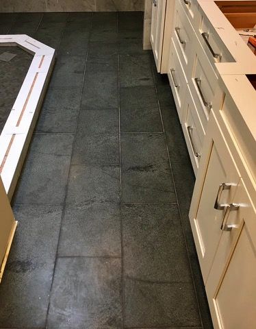 Soapstone Bathroom Floor, Soapstone Tile Floor, Slate Tile Foyer, Kitchens With Black Floors, Soapstone Bathroom Countertops, Soapstone Flooring, Soapstone Floor, Tile Flooring Kitchen, Soapstone Bathroom