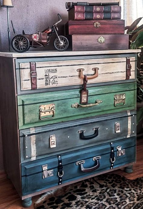 Vintage Suitcase Decor, Suitcase Decor, Diy Furniture Renovation, Furniture Renovation, Funky Furniture, Funky Painted Furniture, Repurposed Furniture Diy, Refurbished Furniture, Furniture Makeover Diy