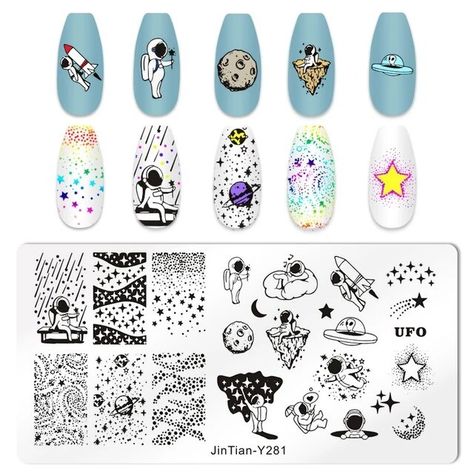 Space Starry Sky Moon Nail Stamping Plates Stars Space Astronaut Universe Pattern Nail Art Image Template Manicure Stencil Tool - AliExpress Galaxy Nail, Pattern Nail Art, Nail Art Images, Decorative Stamps, Stars Space, Moon Nails, Galaxy Nails, Space Astronaut, Stamp Blocks