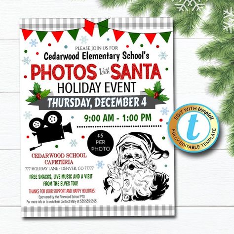 Photos With Santa Flyer Holiday Santa Invitation School - Etsy Christmas Party Diy, Santa Invitation, Photos With Santa, Christmas Feels, Pta Fundraising, Pta Ideas, Church Fundraisers, Fundraiser Event, Diy Christmas Party