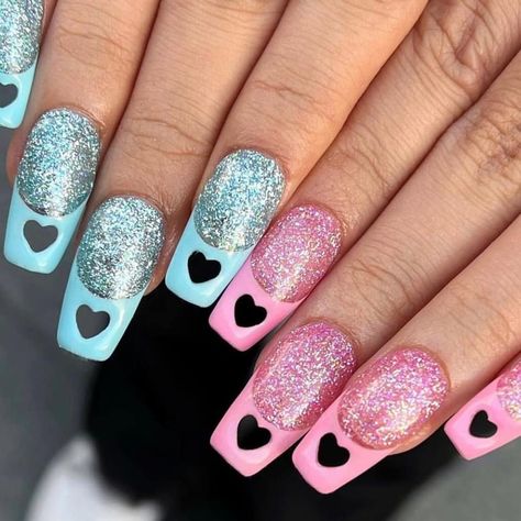 Heart Cut Out Nails, Heart Cutout Nails, Sticker Nails, Nails Heart, Blue Glitter Nails, Nails Art Designs, Art Designs Ideas, Heart Cut Out, Nail Envy