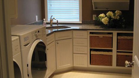 Laundry room corner sink, counter, cupboards Laundry With Corner Sink, Laundry Corner Sink, Laundry Room Corner Sink, Corner Utility Sink, Corner Sink In Laundry Room, Corner Laundry Sink, Laundry Room Corner, Cupboard Laundry, Laundry Rooms Ideas