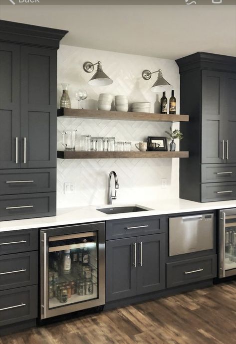 Lower Level Wet Bar Ideas, Gray Wet Bar Cabinets, Kitchen And Wet Bar Combo, Wet Bar With Refrigerator, Charcoal Wet Bar, Wet Bar With Full Size Refrigerator, Lakehouse Basement Ideas, Simple Basement Wet Bar, Kitchen Bar Area Ideas