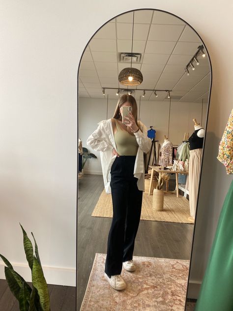 Sage Tank Top Outfit, Sage Bodysuit Outfit, Sage Green Bodysuit Outfit, Wilfred Effortless Pant, Aritzia Outfit Inspiration, Wilfred Effortless Pants Outfit, Sage Green Tank Top Outfit, Black Effortless Pants Outfit, Aritzia Outfit Work