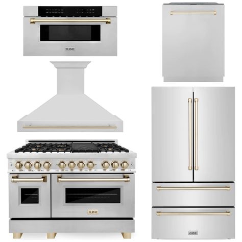 ZLINE Autograph Package - 48 In. Dual Fuel Range, Range Hood, Refrigerator, Microwave and Dishwasher in Stainless Steel with Gold Accents White Gold Appliances, 48 Inch Range Kitchens, 36 Inch Induction Range, Kitchen With White And Gold Appliances, Sink And Range On Same Wall, Zline Appliances In Kitchen, Gold And Stainless Steel Kitchen, Z Line Appliances, Zline Refrigerator