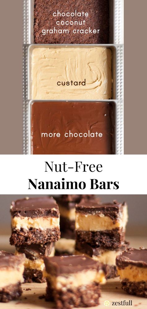 Nanimono Bars Gluten Free, Nut Free Nanaimo Bars, Gluten Free Nanaimo Bars, Gf Deserts, Peanut Free Desserts, Nanaimo Bar, Nanaimo Bar Recipe, Nut Free Desserts, Chocolate Graham Cracker Crust