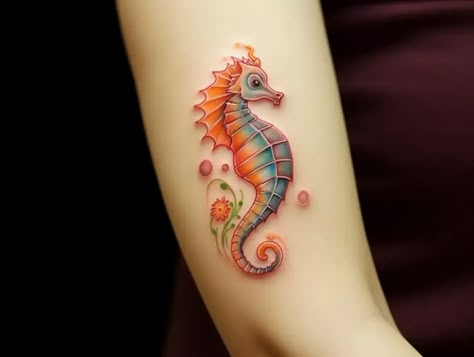 Sea Turtle And Seahorse Tattoo, Male Seahorse Tattoo, Colorful Seahorse Tattoo, Small Ocean Tattoos For Women, Twister Tattoo, Seahorse Tattoos For Women, Small Seahorse Tattoo, Sea Horse Tattoos, Florida Tattoo Ideas