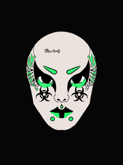 Cyber goth / neon green / industrial goth makeup look / face chart Credit IG/@eliasofvenus if using! Neon Goth Makeup, Green Goth Makeup, Neon Goth, Goth Makeup Looks, Industrial Goth, Fursuit Ideas, Character Board, Green Makeup, Face Chart