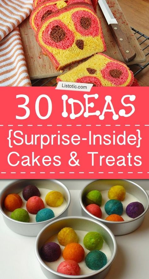 30 Different cakes and sweets with treats hidden on the inside to surprise your friends and guests. Surprise Inside Cake Ideas, Surprise Inside Cake, Inside Cake, Surprise Cake, Awesome Cakes, Ideas Food, Different Cakes, Treat Ideas, Cake Decorating Tips