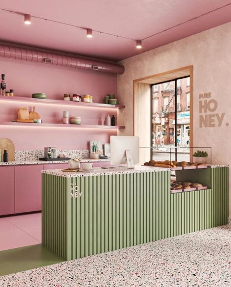 Green Kitchen Wallpaper, Instagram Coffee Shop, Bar Deco, Deco Pastel, Bakery Shop Design, Café Design, Bakery Interior, Bakery Design Interior, Bubble Tea Shop