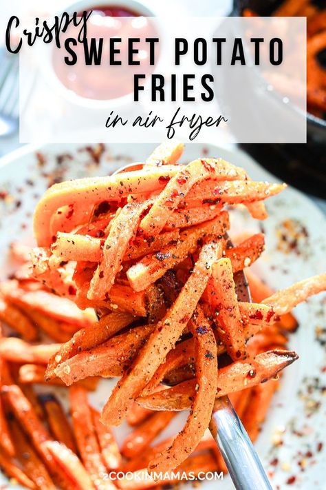 Meet your new addiction: crispy sweet potato fries in the air fryer! It's a simple combo of fresh potatoes, a drizzle of oil, a sprinkle of red pepper flakes, and a quick 20-minute air-fry session that creates the ultimate crispy yet tender fries. Whether you're pairing them with a juicy burger or indulging in a yummy snack, these fries are pure heaven! #airfryersweetpotatofries Sweet Potato Air Fryer Fries, Air Fry Sweet Potato Fries, Sweet Potato Air Fryer, Potato Fries In Air Fryer, Fries In Air Fryer, Fries In The Air Fryer, Spicy Sweet Potato Fries, Air Fryer Fries, Air Fryer Sweet Potato Fries