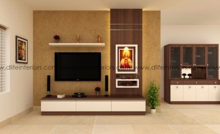 Choco Prayer Unit for Apartments | DLIFE Interiors Tv Display Unit, Partition Design Living Rooms, Modern Partition, Living Room Interiors, Modern Partition Walls, Modern Tv Room, Tv Unit Design Modern, Partition Walls, Tv Unit Furniture Design