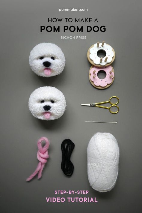 How to Make a Pom Pom Dog (Bichon Frise) - Pom Maker Blog Pom Pom Puppies, Diy Laine, Kat Haken, Pom Pom Animals, Pom Dog, Diy Pom Poms, Pom Pom Wreath, Diy Pom Pom, How To Make A Pom Pom