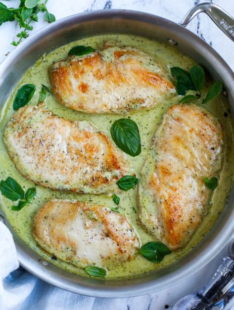 Creamy Pesto Chicken Recipe - Cookin' with Mima Easy Pesto Chicken, Dinner Recipe Chicken, Pesto Chicken Recipe, Creamy Pesto Chicken, Creamy Pesto Sauce, Chicken Pesto Recipes, Homemade Pesto Sauce, Pasta Recipes Alfredo, Chicken Skillet