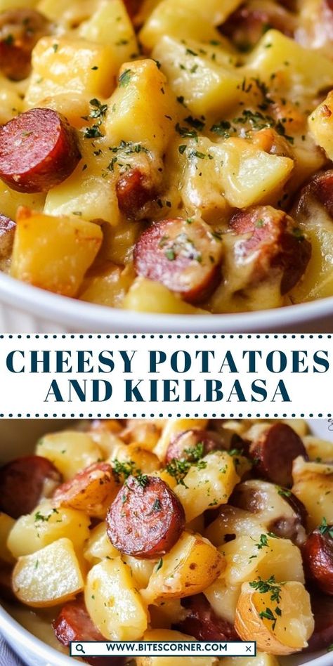 This Cheesy Potatoes and Kielbasa dish is a hearty, flavorful meal that’s perfect for any occasion. Tender potatoes and savory kielbasa sausage are baked together in a cheesy, creamy sauce, creating a satisfying and delicious combination. Easy to make and packed with flavor, it’s a comforting meal the whole family will love! Kielbasa Potato Crockpot Recipes, Kielbasa And Frozen Potatoes, Dinner Recipe With Kielbasa, Sausage Kabasa Recipes, Keilbasa Recipes With Potatoes, Scalloped Potatoes And Smoked Sausage, Simple Kielbasa Recipes, Cheesy Sausage And Potatoes Skillet, Sausage Potato Crockpot Recipes