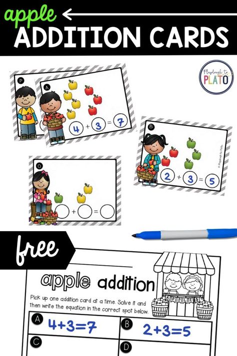 Apple Math First Grade, Addition Within 5 Kindergarten, Addition Centers Kindergarten, Kindergarten Subtraction Activities, Apple Addition, Tissue Paper Butterfly, Apple Math Centers, Apple Pictures, Math Stations Kindergarten