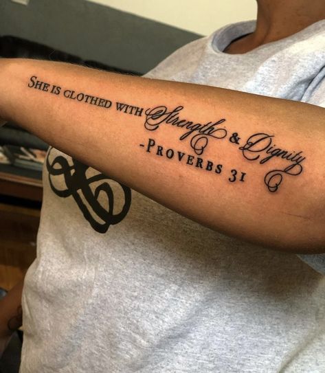 Script Tattoos For Women Arm, Bible Script Tattoos For Women, Confidence Symbol Tattoos For Women, Leg Tattoos Women Bible Verse, Scripture Tattoos Black Women Forearm, Bible Verse Tattoo Ideas Female, Big Word Tattoos On Arm, Bible Scripture Tattoos For Women Arm, Patience Is Key Tattoo