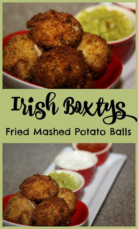 Irish Boxtys are garlic mashed potatoes rolled in seasoned bread crumbs then flash fried and served warm with dipping sauces. A copycat recipe from Mcguire's Irish Pub. Fried Mashed Potato Balls, Fried Mashed Potatoes, Mashed Potato Balls, Irish Desserts, Irish Cooking, Irish Dishes, Fete Saint Patrick, Potato Balls, Irish Cuisine