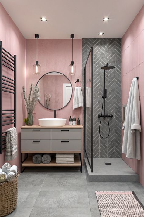 20+ ideas of Pink Bathroom Ideas: Transform Your Space with Charm and Style – Bath Decor Daily Bathroom Color Schemes Pink, Pink Shower Room, Pink And Gray Bathroom Ideas, Teenage Bathroom Ideas, Pink And Gray Bathroom, Teenage Bathroom, Modern Pink Bathroom, Pink Bathroom Ideas, Coral Bathroom