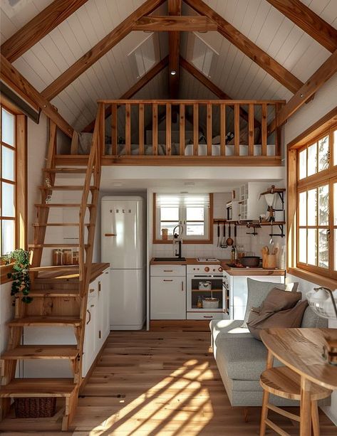 White And Wood Tiny House, Tiny House Open Floor Plan, Mobile Tiny House Design, Shed Tiny House Conversion, Loft Type House Small Spaces, Mini House Ideas, Aesthetic Tiny House, Tiny House Aesthetic, Loft Type House