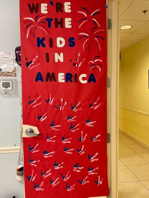 July Preschool Door Ideas, Usa Theme Classroom, 4th Of July Classroom Bulletin Boards, Red White And Blue Door Decorations, Memorial Day Door Decorations Classroom, Fourth Of July Bulletin Board Preschool, Red White And Blue Bulletin Board Ideas, 4th Of July Boards For Classroom, Patriotic Door Decorations Classroom