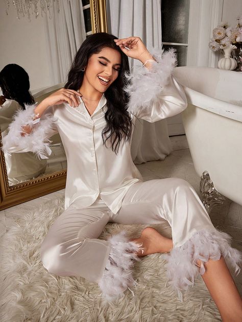 Women Fashion Feather Decorated Imitation Silk Sleepwear Set Pajama SetI discovered amazing products on SHEIN.com, come check them out! Women Nightwear Dresses, Strange Fashion, Panty Party, Satin Clothes, Sleepwear Women Pajamas, Satin Pj Set, Pyjama Satin, Satin Pajama, Silk Sleepwear