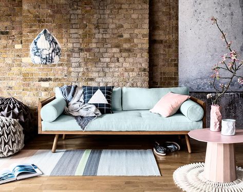 warehouse conversion with exposed brick wall and pastel interior scheme. Industrial Cottage Style, Colours Living Room, Industrial Cottage, Industrial Style Living Room, Soft Industrial, Interior Design Industrial, Industrial Style Interior, Adobe Home, Pastel Interior