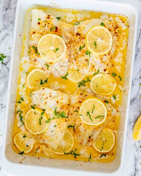 Coated in a garlic lemon butter sauce, this 20-minute Baked Lemon Butter Cod is the quick and easy weeknight recipe you’ve been waiting for! #baked #cod #recipe Side Dishes For Cod, Cod Filet Recipes, Cod Casserole, Lemon Butter Cod, Broiled Cod, Butter Baked Cod, Cod Fish Recipes Baked, Cod Recipes Healthy, Butter Cod