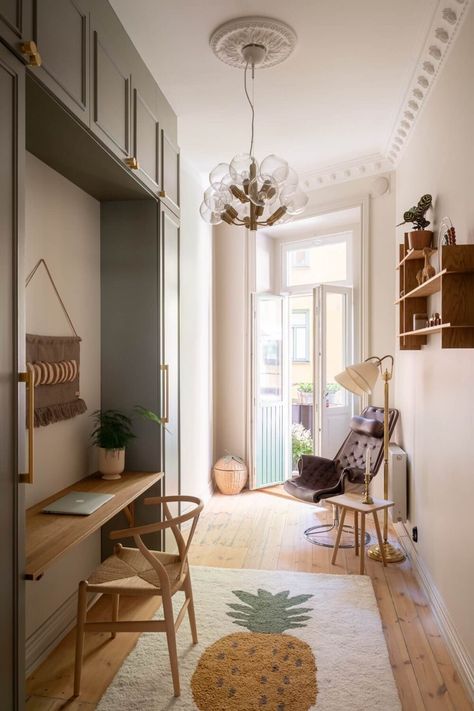 A Renovated Turn-of-the-Century Apartment with Two Bedrooms 19 Closet Desk Ideas, Desk And Storage, Closet Desk, Cottage Loft, Compact Desk, Light Wooden Floor, Airbnb Design, Wooden Floorboards, Desk Ideas