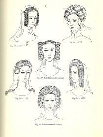 Plantagenet Crespine (1364-late 14th century)-Wearing the hair in vertical braids continued to be in fashion throughout the Planagenet period. Headdresses like fig. 25 featured fillets made of silver and gold, set with jewels. False hair was probably used and the whole piece would simply be placed over the head. 14th Century Fashion, Historical Hairstyles, Simple Veil, Medieval Hairstyles, Jan Van Eyck, Medieval Woman, Medieval Europe, John William Waterhouse, Late Middle Ages