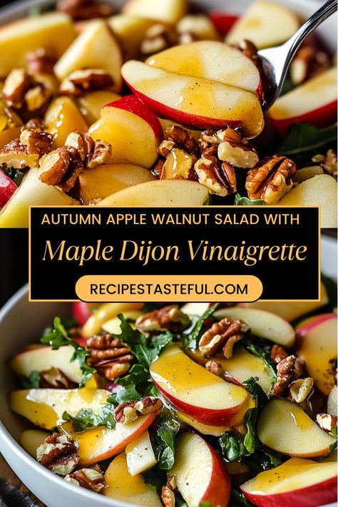 This refreshing Autumn Apple Walnut Salad combines the crispness of fresh apples with crunchy walnuts and a delightful maple Dijon vinaigrette. Perfect for fall gatherings, this salad offers a balance of flavors and textures that everyone will love. Canadian Salad Recipes, Autumn Apple Walnut Salad With Maple Dijon, Autumn Apple Walnut Salad, Maple Pecan Salad, Fall Salad Vinaigrette, Walnut And Apple Salad, Quick Side Salad, Autumn Apple Walnut Salad With Maple Dijon Vinaigrette, Chicken Apple Walnut Salad