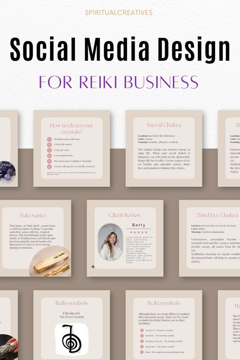 Done for you Reiki Social Media templates including text and photos. Save hours of editing and creating content. After purchase available in Canva so you can edit anything based on your brand. The following topics are included: Reiki, Chakras, Crystals, Aura, Symbols, Quotes, Reminders, CTA, Reviews. All you need to start a SUCCESSFUL Reiki Business and attract more clients. #reikibusiness #reikipractitioner #reikihealing #energyhealer #chakras Reiki Social Media Content, Spiritual Social Media, Reiki Business, Energy Chakras, Facebook Ideas, Chakras Crystals, Reiki Energy Healing, Crystal Reiki, Reiki Practitioner