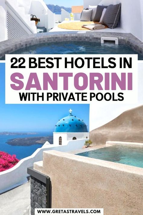 22 best hotels in Santorini with private pools Santorini Hotels Private Pool, Best Hotels In Santorini, Where To Stay In Santorini, Hotels In Santorini Greece, Santorini Honeymoon, Santorini Beaches, Greek Islands Vacation, Oia Greece, Greek Vacation